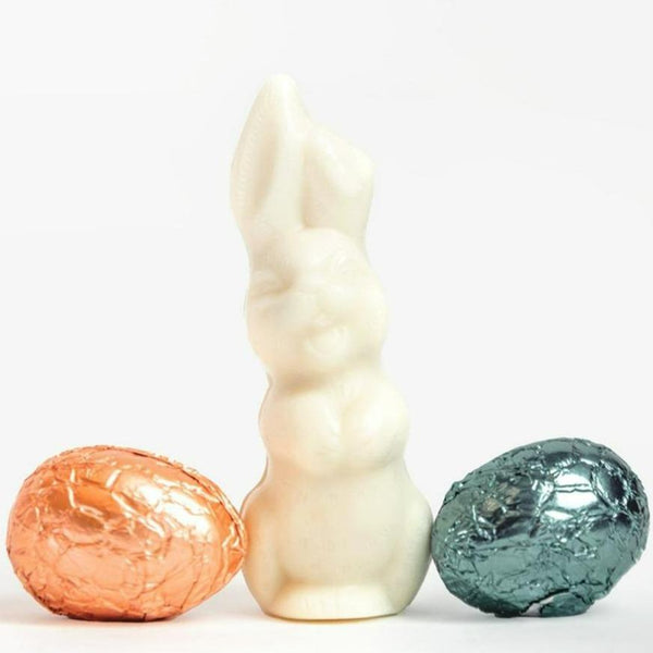 white chocolate bunny with eggs  - Gourmet Easter candy from Mr. B's Belgian Chocolate